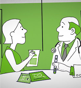 Cartoon depiction of doctor explaining to patient