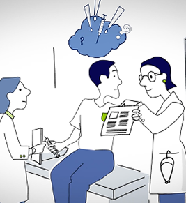 Cartoon of doctor injecting patient