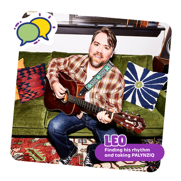 Leo playing his guitar whilst on PALYNZIQ