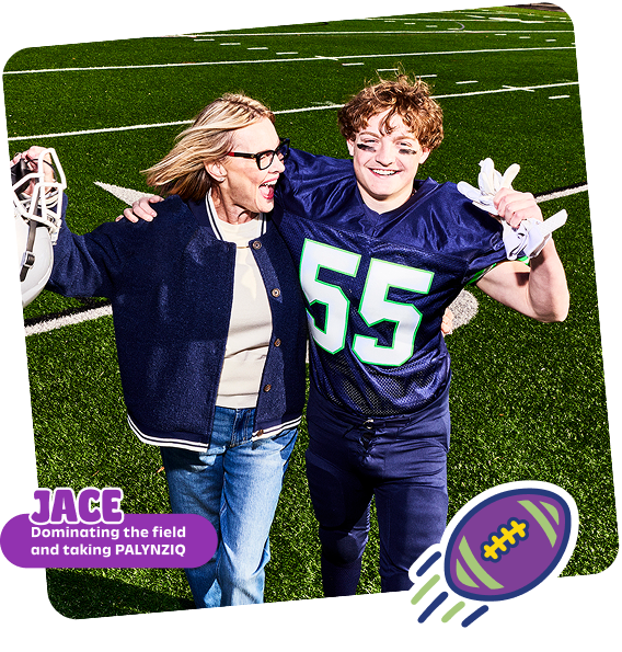 Jace, a teenager on PALYNZIQ on the football field, with Mom, Holly
