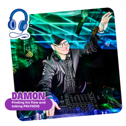 Damon being a DJ whilst taking PALYNZIQ